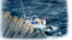 Sesi, a 31ft Westerly yacht, on the rocks after an anchoring mishap in Bull Bay on Anglesey - painting by Claudia Myatt