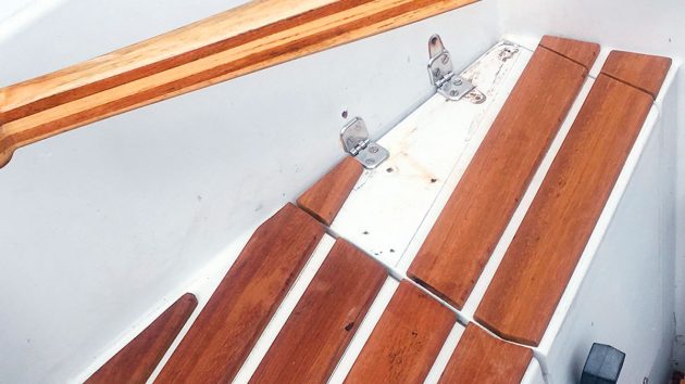 Teak planking in a cockpit of a boat