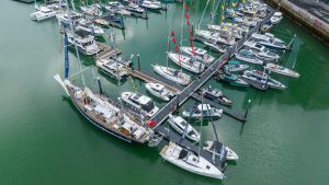 An aerial view of a marina