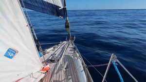 The bow of the ocean globe race boat evrika