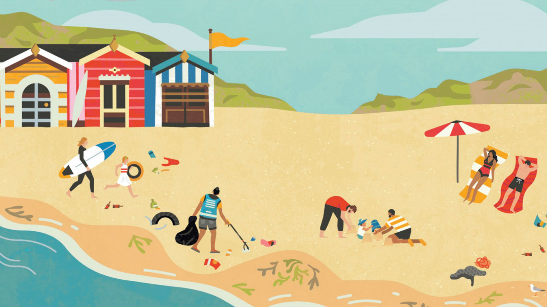 This is a graphic of a beach with beach huts, a litter picker and sunbathers.