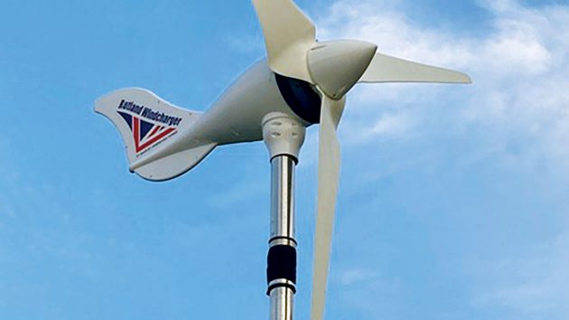 A wind turbine on a boat with an anti-vibration mount