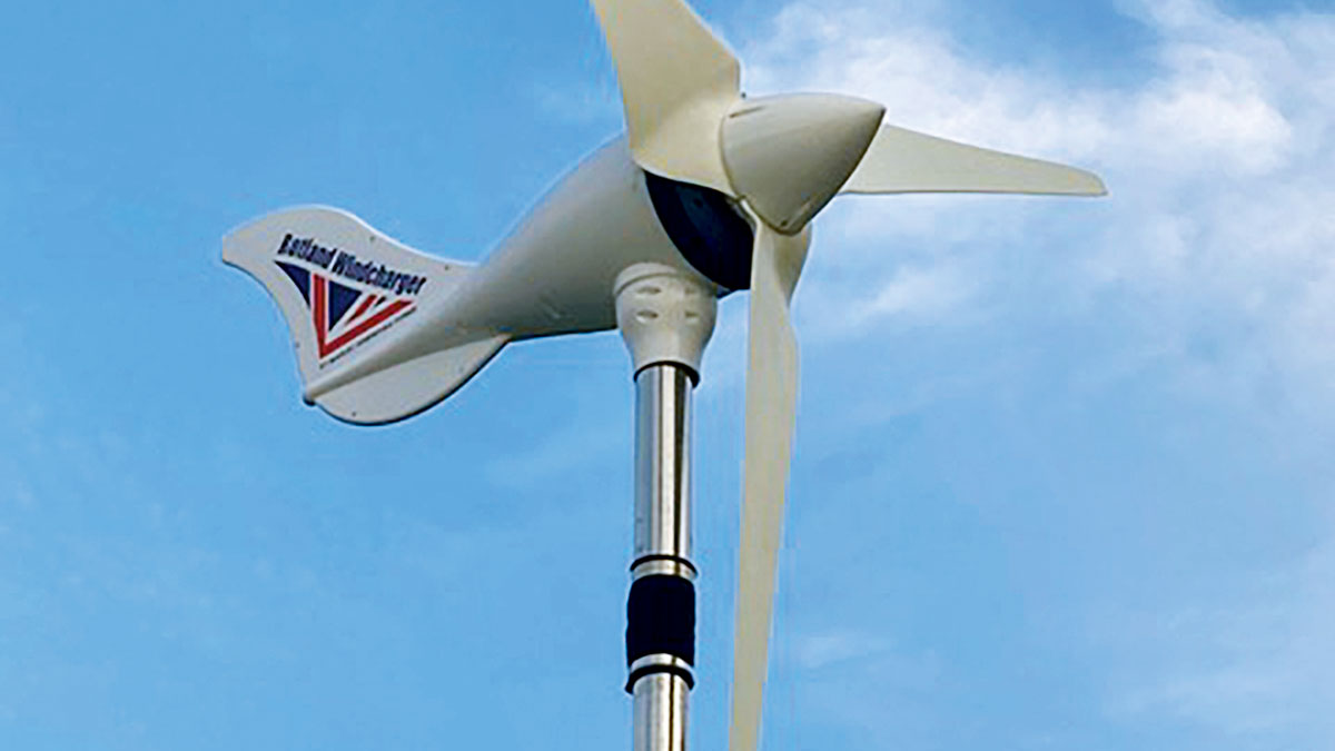 A wind turbine on a boat with an anti-vibration mount