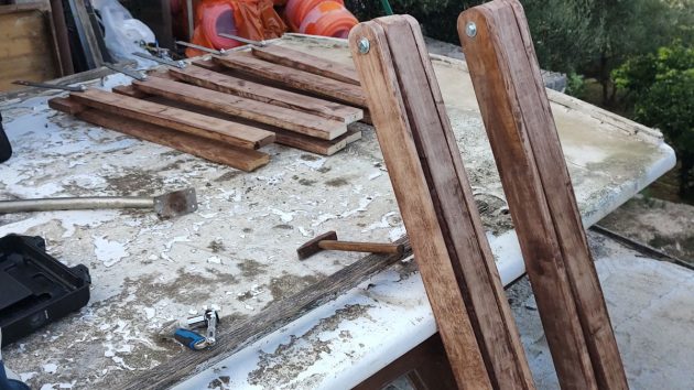 A frames and main beams being assembled for a boat stand