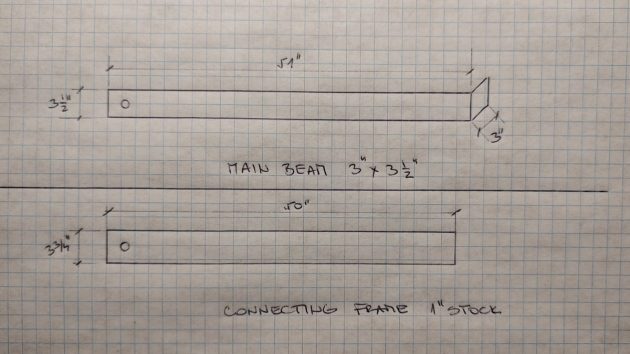 A diagram showing the dimensions for a main support beam and connecting frame for a boat stand