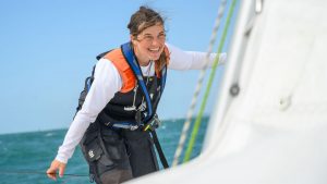 Spanish sailor Aina Bauza on a boat smiling