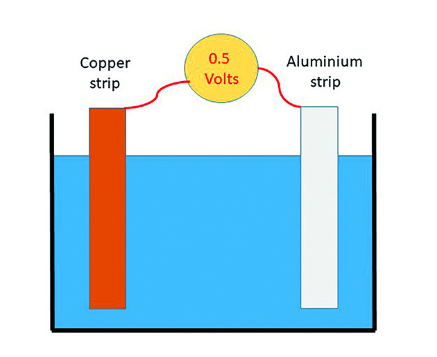 Connect two dissimilar metals and immerse them in seawater and two things will happen – one of the metals will start to corrode and a voltage will be generated between them. Credit: Vyv Cox