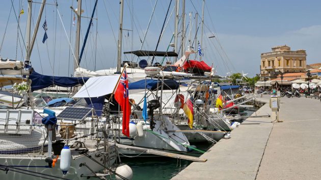Yachts moored in the island of Aegina's main harbour, Greece, May 2022. Credit: Ceri Breeze/Alamy