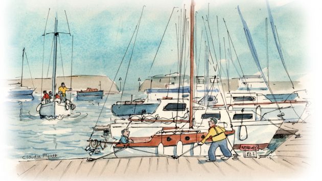Marina cartoon showing a sailboat in a reserved berth. Watercolour by Claudia Myatt