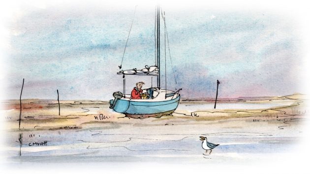 Sailfish yacht aground, Dave Selby cartoon by Claudia Myatt