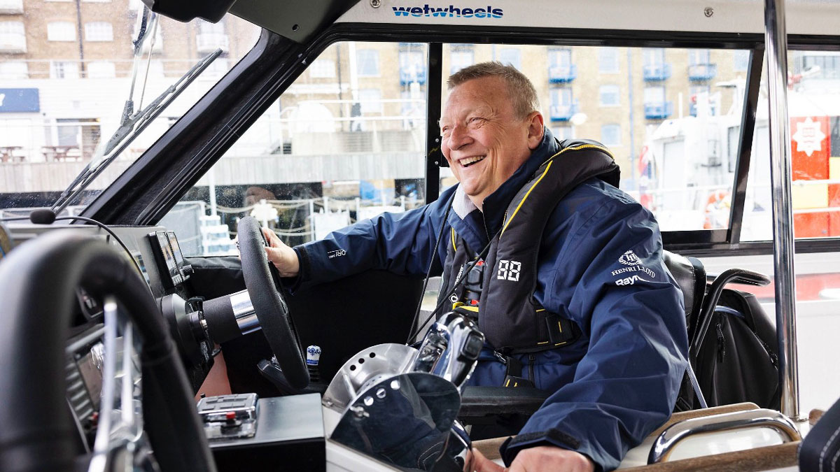 Geoff Holt's Finishing the Dream finale in a power catamaran