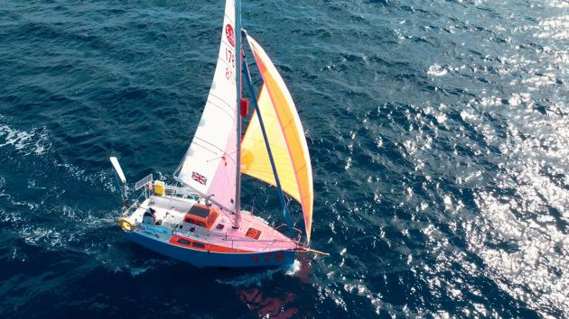 An aerial shot of a boat