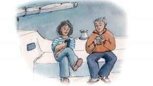 Couple looking at weather forecast apps on yacht, cartoon by Claudia Myatt
