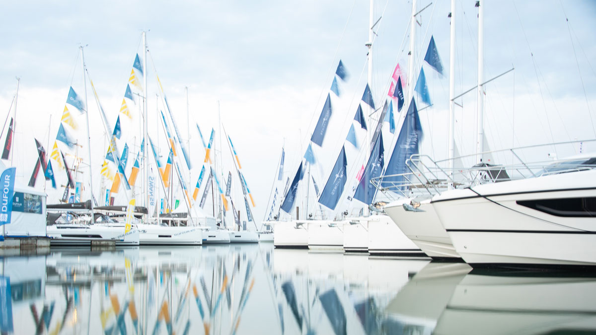 boats in a marina at the Southampton Boat Show 2024