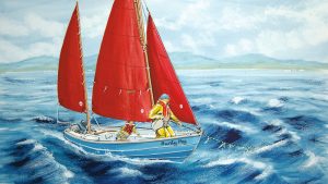 A painting showing a man making the Juggens manoeuvre on his boat