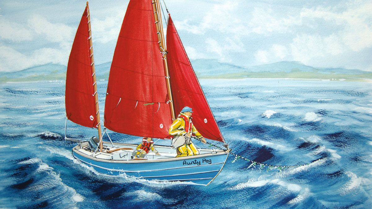 A painting showing a man making the Juggens manoeuvre on his boat