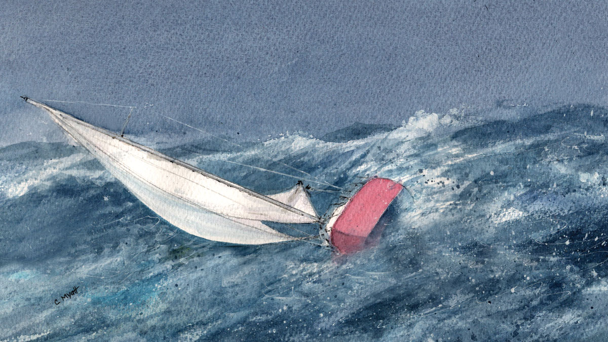 A drawing of a boat knockdown at sea