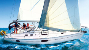 A yacht sailing out to sea