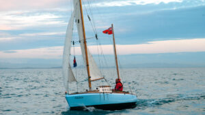 The yacht Trekka sailing - originally designed by Laurent Giles for John Guzzwell, Trekka is a development of the Sopranino design. Photo credit: Nigel Calder/Maritime Museum of British Columbia