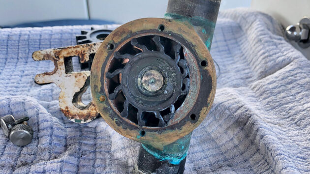 A water pump impeller inside a water pump from a boat engine