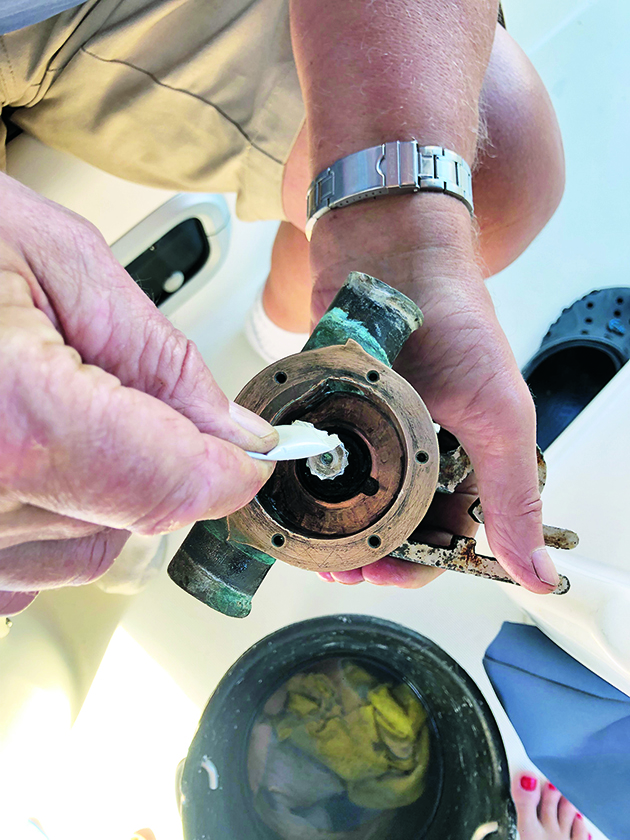 A raw water pump impeller from a boat engine being lubricated with grease