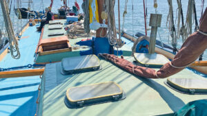 Thames barge Greta being sailed at sea