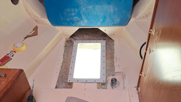 A hole cut in a boat to fit a bow thruster