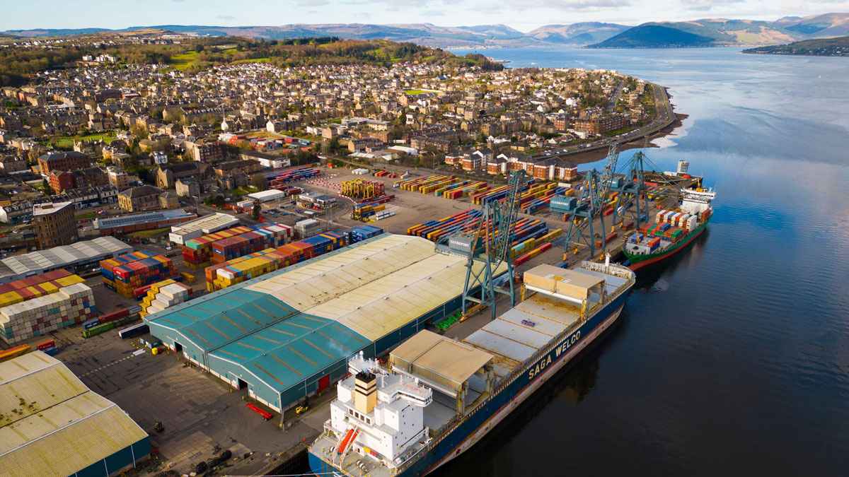 Aerial view of Peel Ports Clydeport Greenock Ocean Terminal in Greenock, Scotland. Credit: Iain Masterton/Alamy