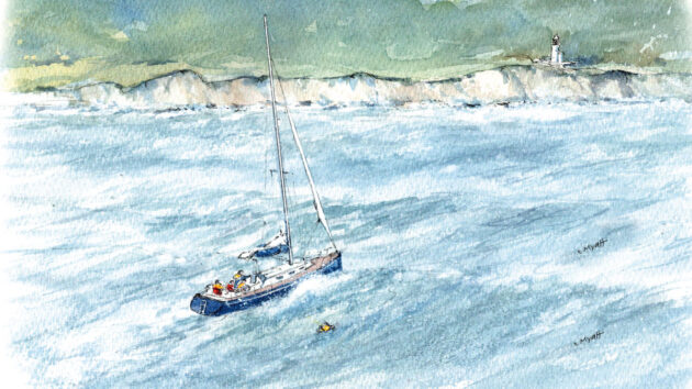 A painting showing a man overboard recovery