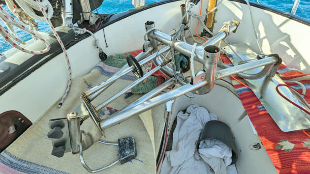 A Monitor wind vane in a boat