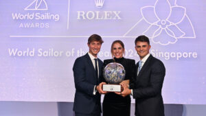 Rolex World Sailor of the Year 2024 winners! Marit Bouwmeester, the most successful female sailor at the Olympics in the sport, and the Spanish duo of Diego Botin and Florian Trittel, gold medallists in the men’s skiff at Paris 2024 and winners of SailGP season 4. Credit: World Sailing