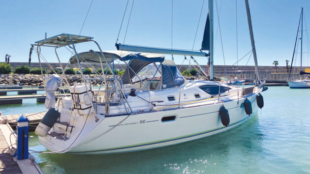 A Jeanneau Sun Odyssey 42 DS yacht moored on a pontoon