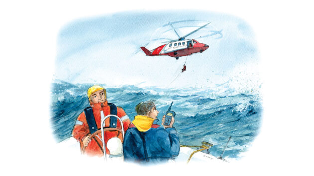 Helicopter rescue from a Colvic UFO 34 following a medical emergency at sea for one of the crew