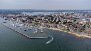 Aerial view of Poole Quay Boat Haven where the RHIB Fargo had dropped some passengers before the fatal accident minutes later. Credit: Grant Nixon/Alamy