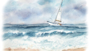 Steven Copeland's Westerly Fulmar Cathy C in difficulties off the coast of Pwllheli, Wales. Painting credit: Claudia Myatt