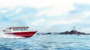 Nordstar 42 motorboat powering close to the rocky shore on approach to the Channel Islands