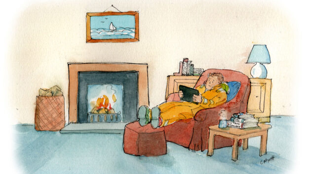 Cartoon of an armchair sailor, wearing oilskins, watching a tablet