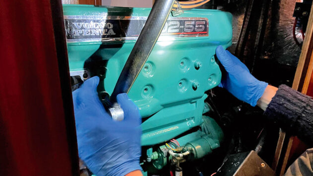 Heat exchanger being installed on a boat