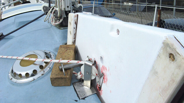 A lifting keel fully raised on a boat