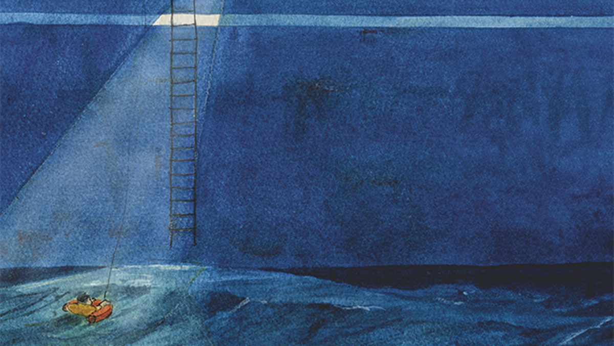 A painting showing a man being rescued after falling overboard