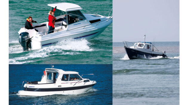 From top left, clockwise: Drago Sunday Fishing powerboat; Bella 703; and Orkney 20 Pilot House powerboat making its way up the River Conwy estuary in North Wales –credited to Richard Tadman/Alamy Stock Photo