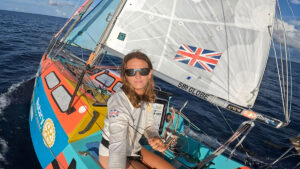 Sailor Jasmine Harrison on a boat while taking part in the Mini Globe Race