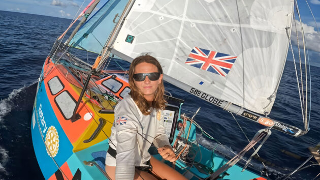 Sailor Jasmine Harrison on a boat while taking part in the Mini Globe Race