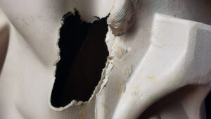A chewed hole in an inflatable tender