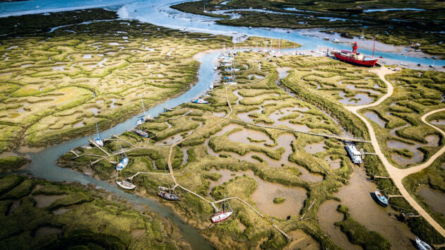An aerial view of marshes