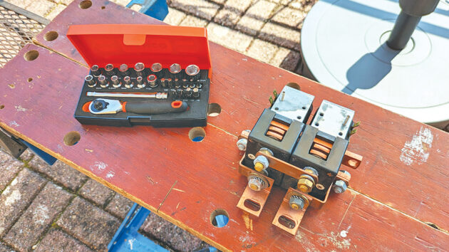 A boat bow thruster relay on a workbench
