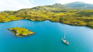 A yacht anchored in a bay