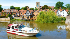 A group of people boating on a river