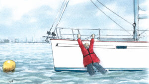 A cartoon showing a man overboard from a yacht