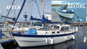 A sailboat forestay before and after it was fixed after a knockdown